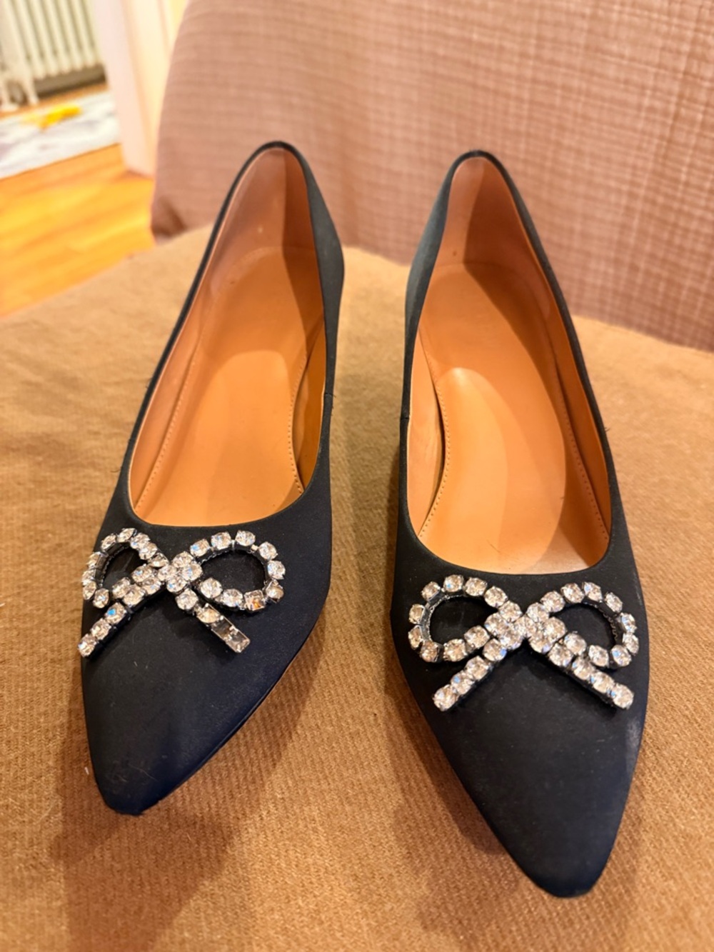 J. Crew Black Pointed-Toe Flats with Crystal Bow Accents